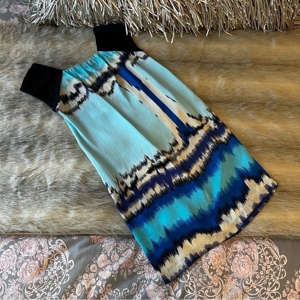 2000’s KENZIE 100% Silk Abstract Black Blue White Cap Sleeves Shift Dress XS
